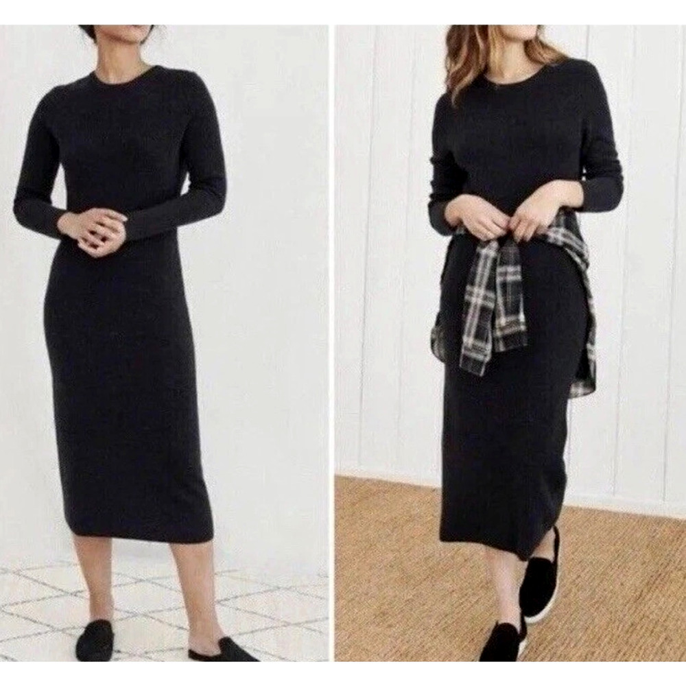 Jenni Kayne XS Wool $450 Sweater Dress Long Sleeve Ribbed Midi Charcoal Gray - Picture 2 of 10